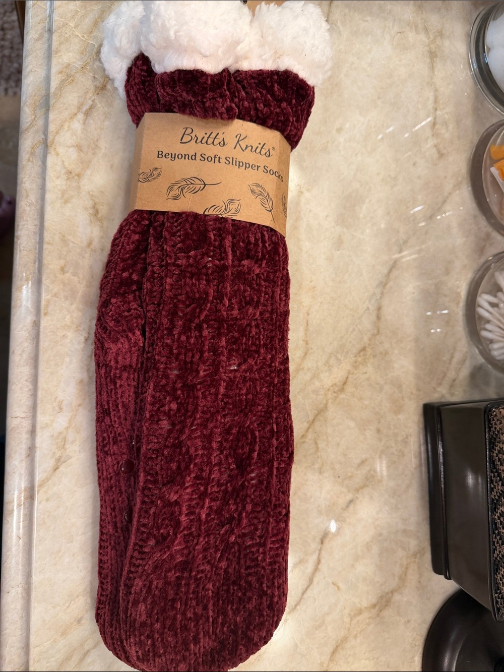 Britt's Knits Plush Maroon Slipper Socks with Sherpa Cuff